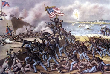 Americká občanská válka (1861 - 1865): útok na Fort Wagner na ostrově Jekyll u pobřeží Georgie, který v červenci 1863 provedlo 2000 černošských dobrovolníků. Rytina z 19. století.