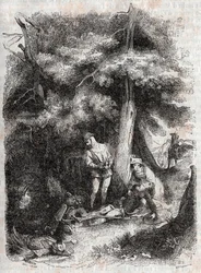 Angelique (Angelica) záchrana Medor (Medoro) wesse - rytina z roku 1851 z „“Zuřivého Rolanda““ (Orlando furioso) (16. století) od Ludovica Ariosta, známého jako Ariosta – vydání přeložené z italštiny hrabětem z Tressanu a vydané nakladatelstvím Gustave Har