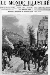 Demonstrace proti pekařství: Demonstrace na náměstí Saint Michel, kde jsou spáleny kopie „Lucerny“. Gerardin kresba pro obálku „The Illustrous World““ z roku 1888.