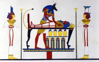 Anubis a mumie - v „Památkách Egypta a Horní Núbie““ od Ippolita Roselliniho (Rossellini).
