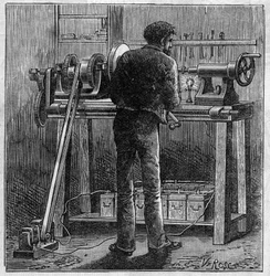 Použití baterií Faure: obrat řemeslníka napájeného z akumulátoru. Gravírování v „“Le Monde Illustré““