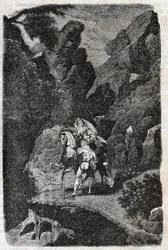 Argie napaden rozkazem svého ženicha - rytina z roku 1851 z „“Zuřivého Rolanda““ (Orlando furioso) (16. století) od Ludovica Ariosta, známého jako Ariosta – vydání přeložené z italštiny hrabětem z Tressanu a vydané Gustavem Harvarem