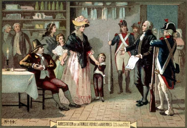 Zatčení královské rodiny (Ludvík XVI. a Marie Antoinetta se svými dětmi) ve Varennes (22. 6. 1791). Chromolitografie 19. století.