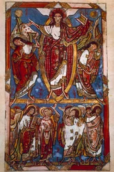 Nanebevstoupení. Miniatura v „Sacramentary of Saint-Martial de Limoges““ (Folio 84v), neznámý autor