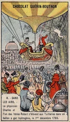 Vzestup ve vodíkovém plynovém balónu francouzských aeronautiků Charlese a Roberta le Jeune, vyrobený v Paříži, v Tuileries Garden. 1. prosince