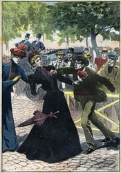Atentát na rakouskou císařovnu Alžbětu (Sissi), který v Ženevě roku 1898 spáchal italský anarchista Luigi Lucheni. Ilustrace z roku 1898. Soukromá sbírka - Atentát na rakouskou císařovnu Alžbětu (Sissi), který v Ženevě spáchal italský anarchista Luigi
