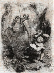 Astolphe uteče Kaligorantovi – 1851 rytina z „“Zuřivého Rolanda““ (Orlando furioso) (16. století) od Ludovica Ariosta, známého jako Ariosto – vydání přeložené z italštiny hrabětem z Tressanu a vydané Gustavem Harvardem 1851