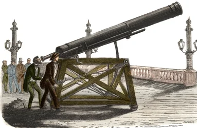 Astronomická luneta Place de la Concorde M. Queslina v Paříži. Rytina z roku 1857 v „“Le Musee Des Sciences““