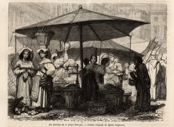 Na úpatí náměstí Piazza Navona, Řím (Itálie). Rytina pro ilustraci plavby do Říma od Francise Weye v letech 1864-1868, publikovaná v „Le tour du monde, nouveau journal des voyages“, pod vedením Edouarda Chartona