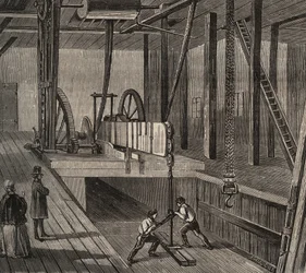 Atelier de drilling du well artesian de Passy. Rytina z roku 1856 v „Le Musee Des Sciences““