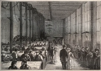 Železná dílna - Městská učňovská škola na Boulevard de la Villette v Paříži v roce 1875 - rytina