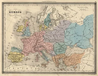 Atlas Evropy v roce 814: Říše Západu a Východu. Plán čerpá z „Univerzálního atlasu starověké a moderní geografie“ od Vuillemina. sd. kolem roku 1851.