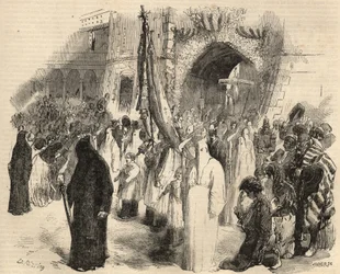 Odčinění za ukončení žluté zimnice v Lisabonu, Portugalsko v roce 1857. Rytina v „Le Monde illustrious““ z roku 1857. Soukromá sbírka.