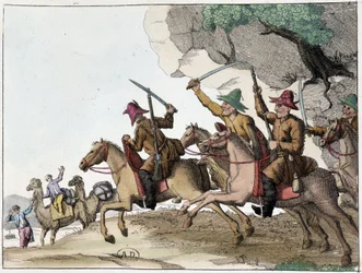 Útok velbloudí karavany skupinou Kyrgyzů (středoasijských tureckých lidí mongolského původu) na koni, Deb. 19. století