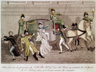 Útok na vévodu z Berry od Louise Pierra Louvela při odchodu z opery 13. února 1820. Rytina 19. století.