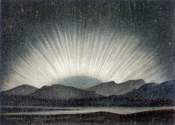 Aurora borealis ze 6. srpna 1871, studovala na Královské observatoři v Edinburghu o půlnoci, při východu Měsíce – podle J. Hanna „“ Obecná geologie““