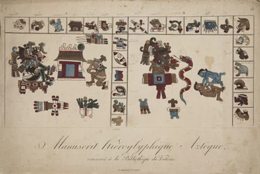 Aztécký hieroglyfický rukopis ve vatikánské knihovně (litografie)