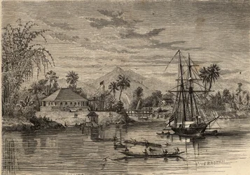 Bangalow, domov sira Jamese Brooka, známého jako Rajah of Sarawak (1803-1868) Britský dobrodruh, první bílý Rajah of Sarawak v okolí Sarawaku (Borneo). Rytina v „Le Monde illustrious““ z roku 1857. Soukromá sbírka.