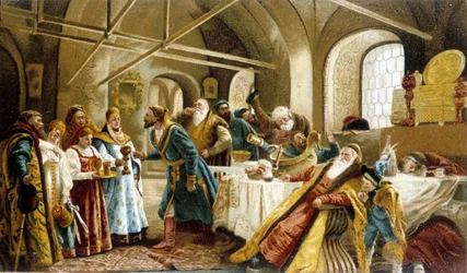 Banket u příležitosti boyardské svatby (boyard, bojar) v Rusku.