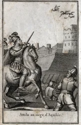 Invaze barbarů - Attila (asi 406-453), král Hunů, během obléhání Aquilee (Aquileia) v Itálii, 452. Rytina v „Beaute de l