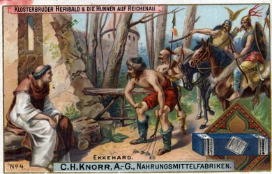Invaze barbarů - Ekkehard IV ze St. Gallen (St. Gall) nebo Eckhard, Eckhart (980 -1057) erudovaný a latinský básník. Bratr Heribald a Hunové mají Reichenau. Na ostrově Reichenau zůstal pouze bratr Heribald, malý prostý mnich