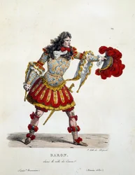 Kostým barona v roli Cinny v roce 1680. Kostým francouzské komedie od Hippolyte Lecomta (1781-1857). Rytina 19. století. Coll. Pojďme.