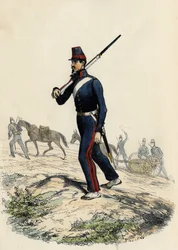 Francouzský armádní horský dělostřelecký prapor v Alžírsku v roce 1830, v „Starověké a moderní Alžírsko“ od Leona Galiberta