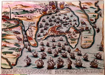 Bitevní plán Cales Males (Španělsko) 30. června 1596. Flotila nizozemské a anglické armády vstupuje jako přátelé do Cales Males se 180 loděmi. Následujícího dne 1. července, překvapeni zradou, museli s hanbou opustit město. Rytina