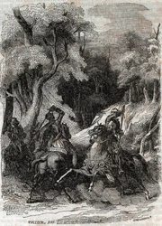 Bitva mezi Rolandem a Ferragusem – rytina z roku 1851 z „“Zuřivého Rolanda““ (Orlando furioso) (16. století) od Ludovica Ariosta, známého jako Ariosta – vydání přeložené z italštiny hrabětem z Tressanu a vydané Gustavem Harvardem 1851