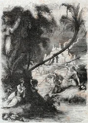 Bitva u Griffonu a Aquilant proti Orrile – rytina z roku 1851 z „“Furious Roland““ (Orlando furioso) (16. století) od Ludovica Ariosta, známého jako Ariosta – vydání přeložené z italštiny hrabětem z Tressanu a vydané Gustavem Harvardem