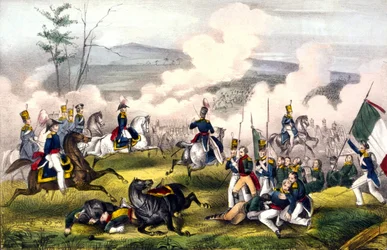 Bitva u Palo Alto: 8. května 1846 mezi 2900 Američany pod velením generála Taylora a 6000 Mexičany pod vedením generála Aristy. Rytina 19. století.