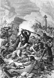 Bitva u Ponte Novu na Korsice mezi francouzskou armádou vedenou Comte de Vaux a korsickými vojsky Pasquale Paoliho, 9. května 1769. 19. století (rytina)