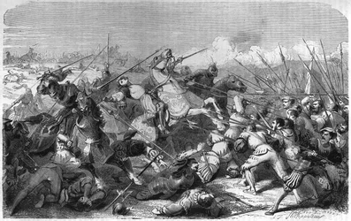 Bitva u Ravenny (Itálie), smrt Gastona z Foix vévody z Nemours (1489-1512) 11. dubna 1512. Rytina 19. století.