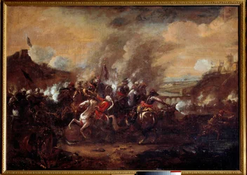 Bitva u Vídně: „Zrušení obléhání Vídně Turky v září 1683“ Vítězství vojsk křesťanské koalice vedené Janem III. Sobieským, Leopolidem I. a Karlem Lotrinským. Anonymní obraz 17. století. Nancy, muzeum histor