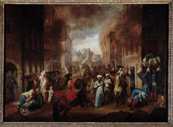Bitva u Vídně: „Vzdání Turků při obléhání Vídně v září 1683“ Vítězství vojsk křesťanské koalice vedené Janem III. Sobieským, Leopolidem I. a Karlem Lotrinským. Anonymní obraz ze 17. století Nancy, Musee histo