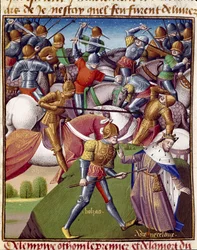 Bitva vojáků císaře Othona I. (Otton nebo Oton I, 912-973). Miniatura v „”Le miroir historial”” (Speculum Historiale) od Vincenta de Beauvais (1190-1264) přeložená do francouzštiny Jean de Vignay