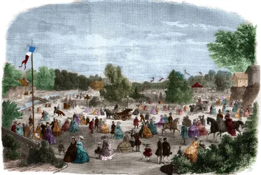 Krásné dny v Bois de Boulogne v Paříži. Gravírování v „The Illustrious Universe“
