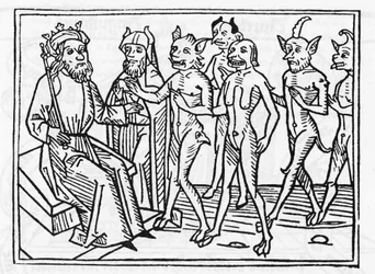 Belialův proces: „Démon Belial v doprovodu čtyř dalších démonů předstupuje před soudce Šalomouna.“ „Rytina z díla ‚Belialův proces‘ od Jacobuse de Teramo (nebo Palladina), Augsburg“