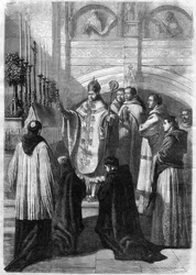 Požehnání vajec na velikonoční neděli v opatství Solesmes (Sarthe) v roce 1868