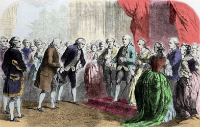 Benjamin Franklin (1706-1790), filozof, fyzik a americký velvyslanec přijat francouzským králem Ludvíkem XVI., 6. února