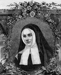 Bernadette Soubirous (1844-1879) v řeholním oděvu. Vyryto z roku 1877.