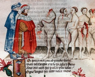 Bertrand de Born drží hlavu bez hlavy (píseň 28 z pekla, v Božské komedii) - miniatura 15. století,