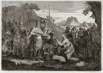 Bible of Royaumont, Starý zákon: Abigail. Abigail, Nábalova žena, svou moudrostí tiší Davidův hněv. Ilustrace z roku 1811.