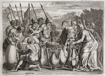 Bible of Royaumont, Starý zákon: Abraham delivre Loth. Abraham zachrání Lotha svého synovce z rukou nepřátel. Velekněz Melchisedech (Melchisedech nebo Melchizedek nebo Melkisedeq nebo Melki-Tsedeq nebo Melki Tsedeq) benit. Sodomský král mu nabídl t