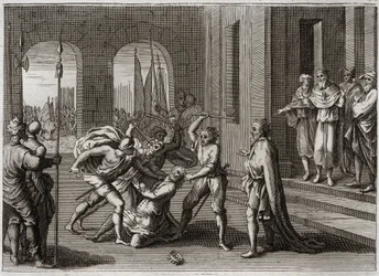 Bible of Royaumont, Starý zákon: Agag zachraňuje. Saul zachránil proti Božímu příkazu Agaga krále Amalekitů. Bůh ho učiní svědkem svého hněvu Samuelem, který napravil Saulovu chybu tím, že zabil Agaga. Ilustrace z roku 1811.