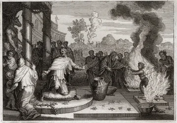 Bible of Royaumont, Starý zákon: Ahaz Unholy King. Bezbožný Achaz, král Judský, dráždí Boha a je vydán nepřátelům. Ilustrace z roku 1811.