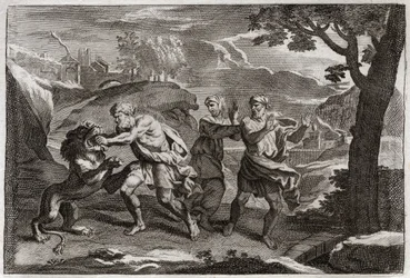 Bible of Royaumont, Starý zákon: Narození Samsona. Samson trhá lva na kusy. Ilustrace z roku 1811.