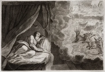 Bible of Royaumont, Starý zákon: Danielova vize čtyř monarchií Asyřanů, Peršanů, Řeků a Římanů. Vidí čtyři monstra: Haniel, Kafziel, Azriel, Aniel. Ilustrace z roku 1811.