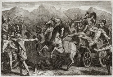 Bible of Royaumont, Starý zákon: Smrt Achaba. Ahab (Akhab) vedl válku proti Sýrii a byl zabit náhodným šípem. Ilustrace z roku 1811.