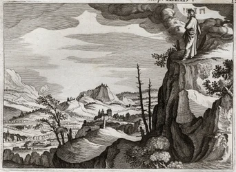 Bible of Royaumont, Starý zákon: Mojžíšova smrt. Bůh ukazuje Mojžíšovi zemi země Kanaán z vrcholu hory Nebo, kde umírá, aniž by věděl, kde bylo jeho tělo. Ilustrace z roku 1811.